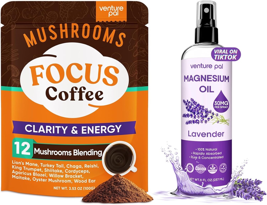 Venture Pal Mushroom Coffee & Magnesium Oil Spray Bundle: 12 en 1 Café avec Ashwagandha pour Focus & Immunity + Magnesium Oil Spray avec Lavande pour Sleep & Muscle Relief - 40 portions et 8 oz