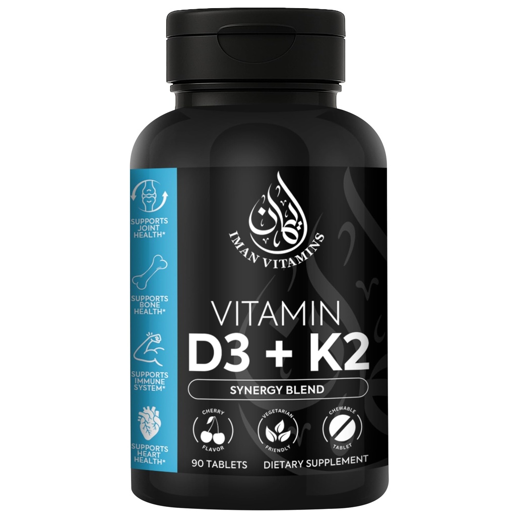 Vitamine halale D3 avec comprimés à croquer K2 - Vitamine D 2000 iu + Menaquinone-7 (MK7) )?Appuye la santé cardiovasculaire, les os et la santé des muscles