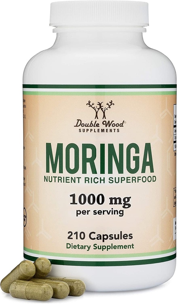 DWS Organic Moringa Capsules 1000mg - Poudre de Moringa pure pour l'énergie et le soutien immunitaire - Green Superfood Riche en antioxydants, vitamines essentielles et acides aminés - 105 Capsules Vegan