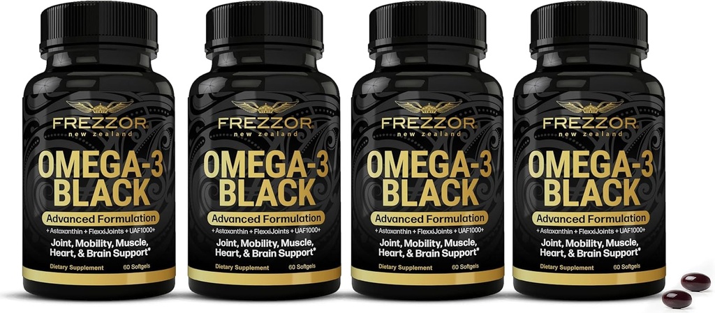 FREZZOR Omega 3 Noir - Capsules d'huile de moules à lèvres vert de la plus haute résistance, Fabriqué en Nouvelle-Zélande, UAF1000+, Inflammation, Soin articulaire & Relief, Heart & Immune Support, 60 Compte (Pack de 4)