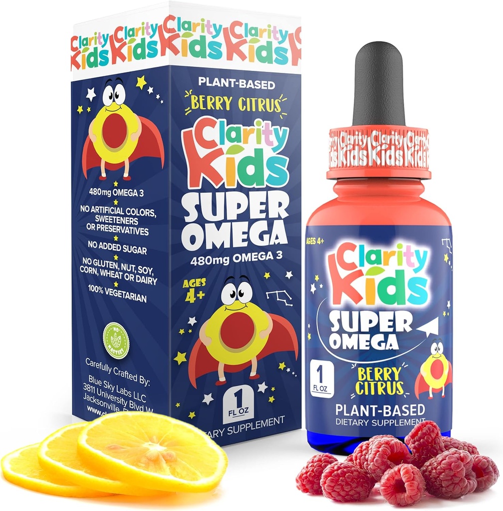 Clarity Kids Super Omega avec DHA + EPA Omega 3 pour une meilleure concentration et qualité d'huile d'algue de sommeil Omega 3 Liquide (1 mL par portion) Toutes les gouttes DHA naturelles pour les enfants