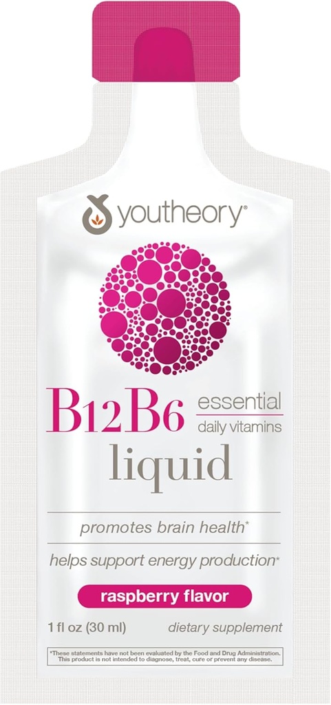Youtheory Vitamine B12 B6, Supplément d'énergie quotidienne et de soutien du cerveau, Arôme de framboise liquide, 12 – 1 oz