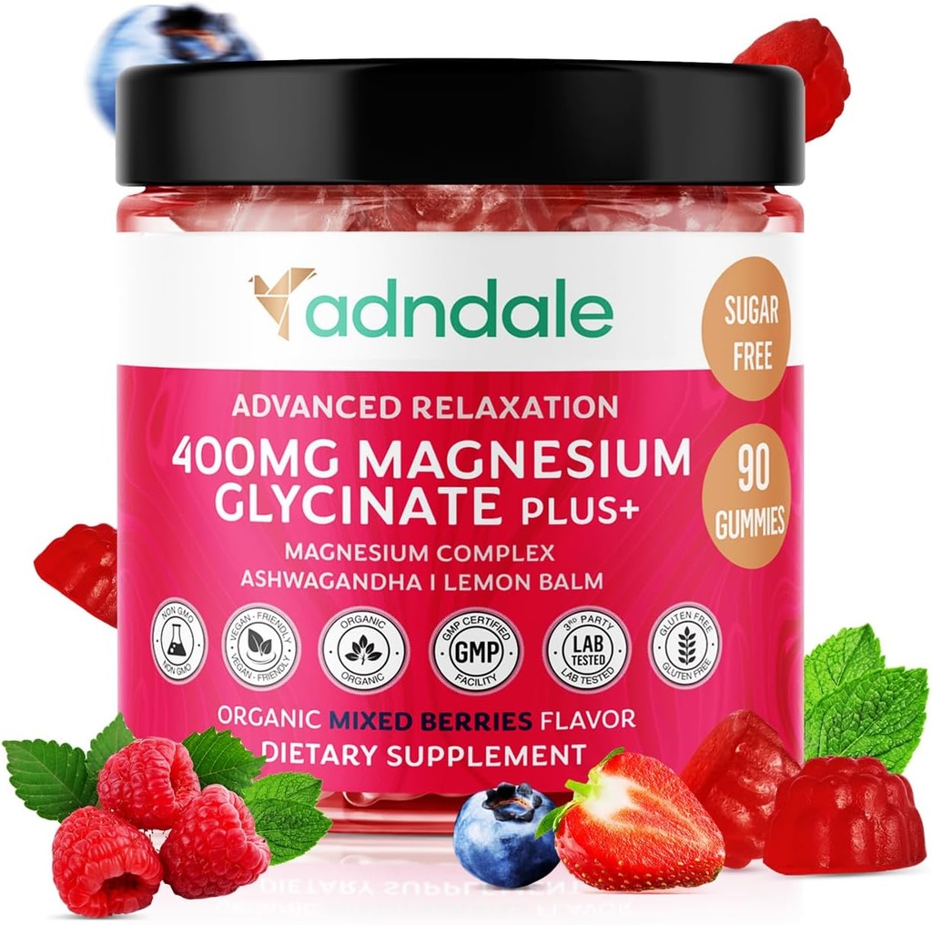 Adndale 90 CT Magnésium Glycinat Gommies 400 mg/Serv avec Ashwagandha, Magnésium Malate & Taurate, sans sucre Chews pour adultes et enfants.