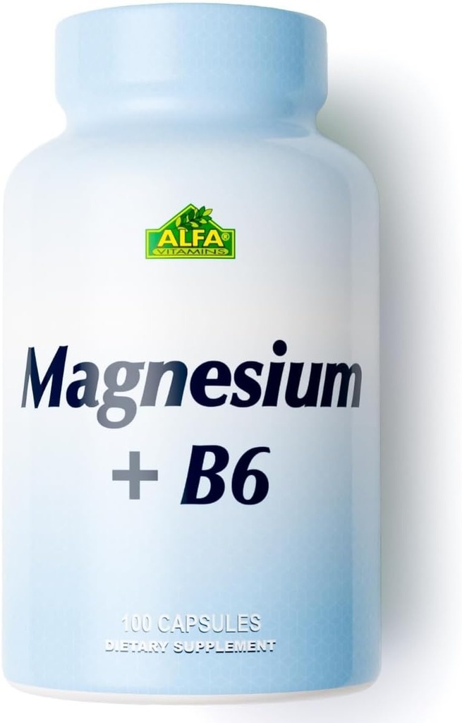 Magnésium Plus B-6 500 Mg par Alfa Vitamines - Santé cardiovasculaire - Supporte la production d'énergie &r Fonction enzymatique - 100 Capsules