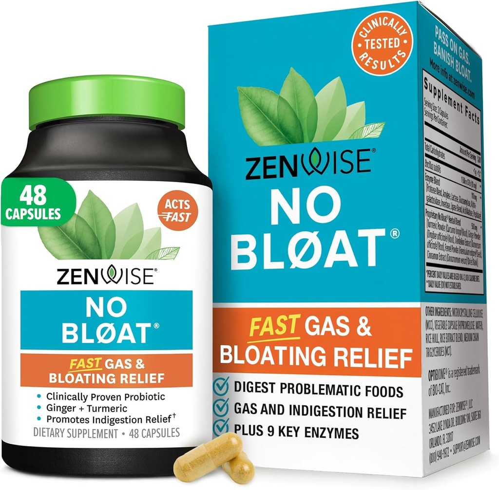 Zenwise Health No Bloat Enzymes digestifs pour Gut Health, Gas & Bloating Relief - Supplément digestion multienzymes avec probiotiques, gingembre, dandelion et lactase curcuma - Hommes et femmes - 48 Comte
