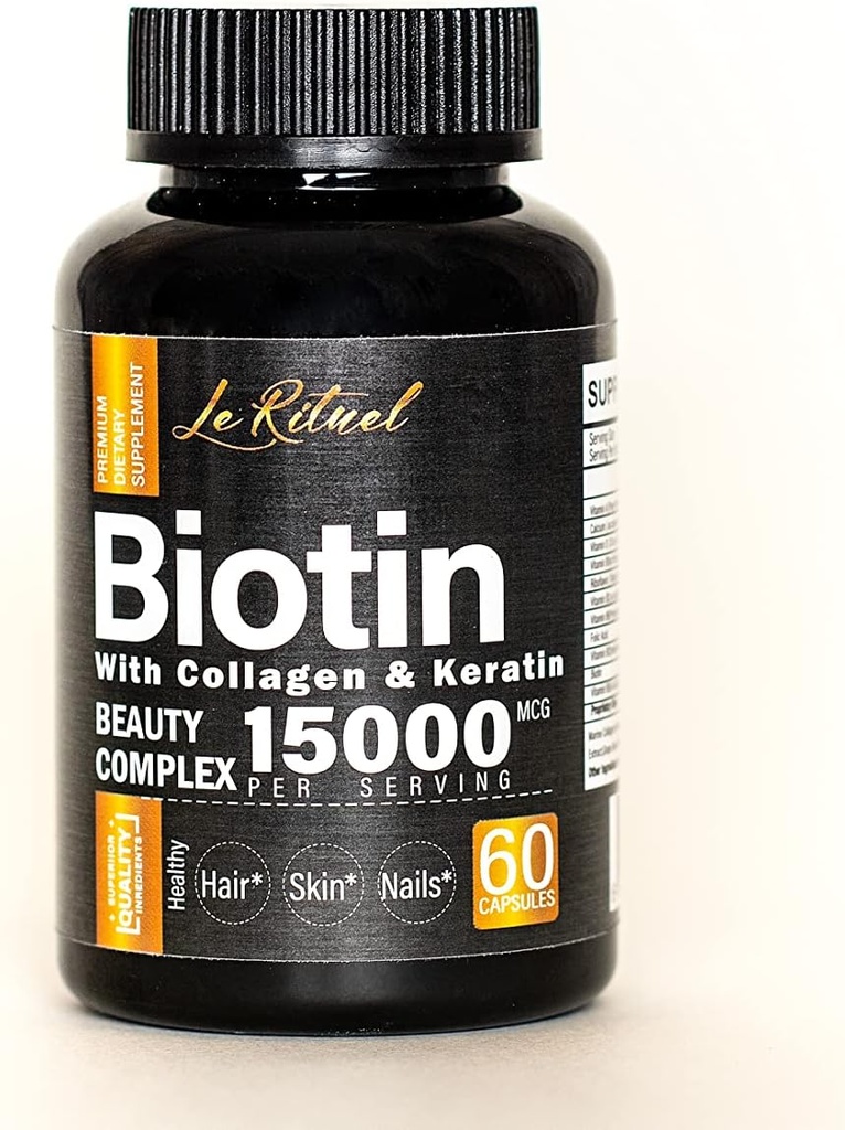 Vitamines de biotine avec collagène et kératine - Supplément de croissance des cheveux pour les femmes et les hommes - 15000 mcg Pills - Vitamines A,D,B1,B2,B3,B5,B6,B12 Complexe - Capsules végétaliennes saines - 60 Compte