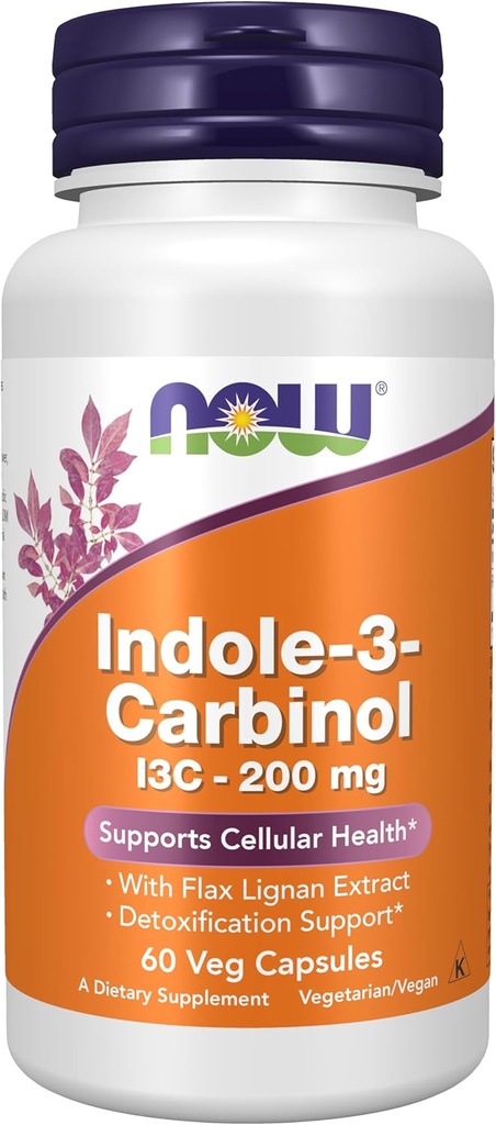 MAINTENANT Aliments suppléments, Indole-3-Carbinol 200 mg avec extrait de Lin Lignan, 60 gélules de Veg