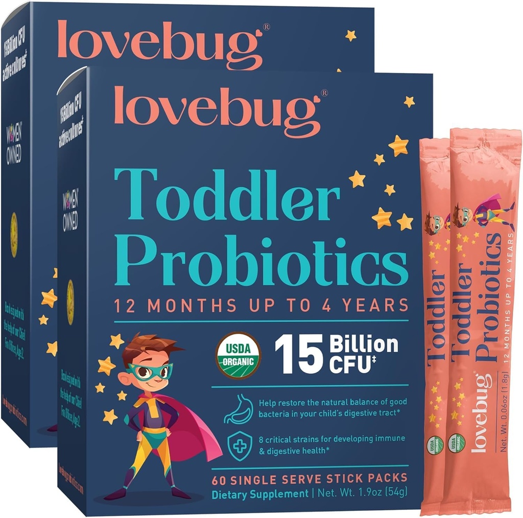 LOVEBUG Kids Probiotic Powder with Prebiotic Fiber - Soutien à l'immunité des tout-petits et soulagement de la constipation - Probiotiques biologiques de l'USDA pour les enfants Gut & Digestive Health (Age 1-4) - 60 Pack (non aromatisé)