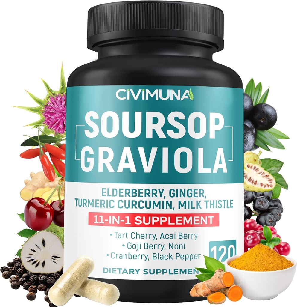 Sourop Graviola Capsules avec Elderberry, Turmeric, Ginger, Chardon de lait, Tart Cherry et plus - 120 Capsules pour 4 mois d'approvisionnement