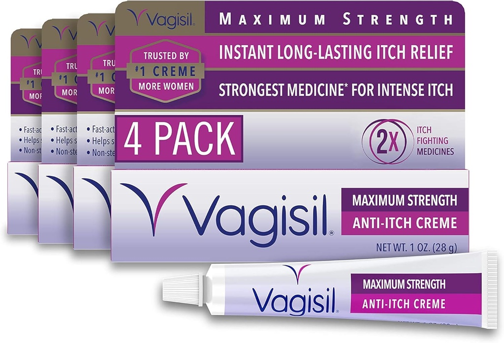 Vagisil Crème féminine anti-démangeaison avec benzocaine pour les femmes, aide à soulager l'irritation de la levure, gynécologue testé, action rapide, apaise et refroidit la peau, 1 oz (paquet de 4)