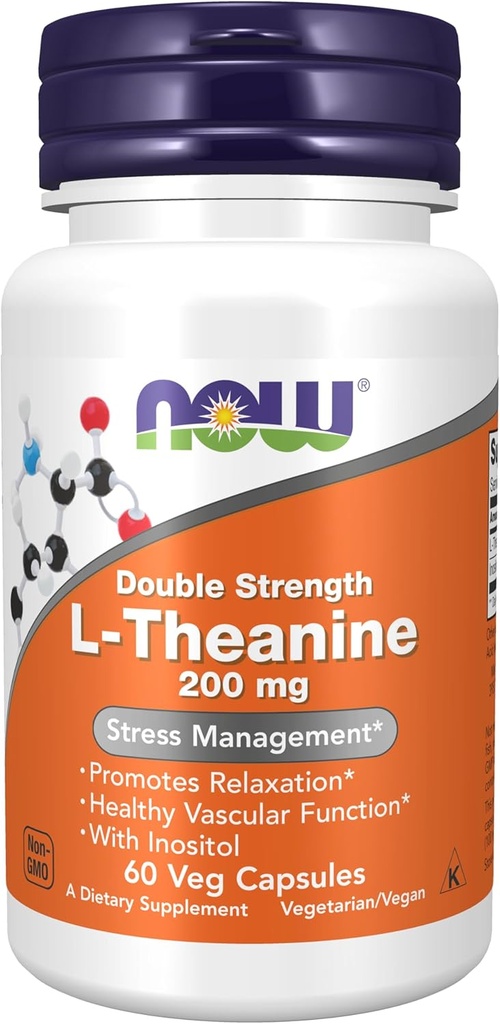 NOW Foods Supplements, L-Theanine 200 mg with Inositol, Stress Management*, 60 Veg Capsules