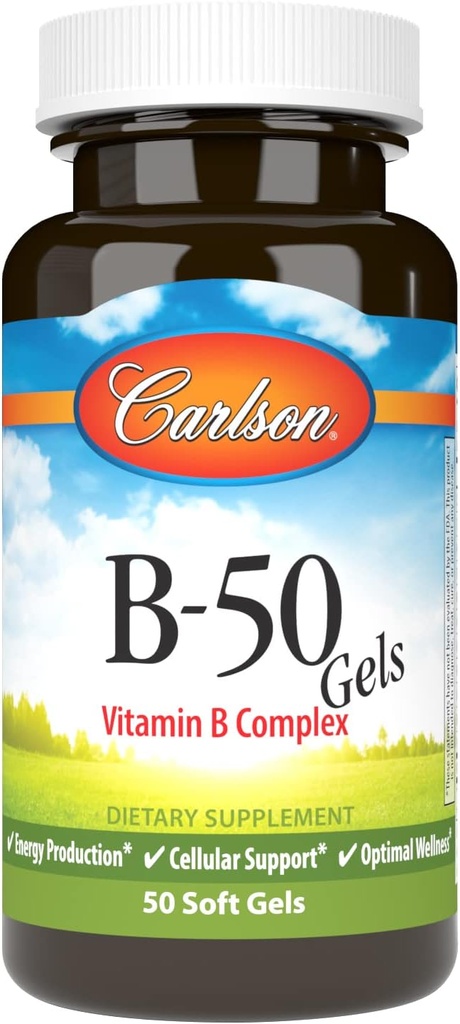 Carlson - Gels B-50, Complexe Vitamine B, Production d'énergie, Support cellulaire et bien-être optimal, 50 Softgels