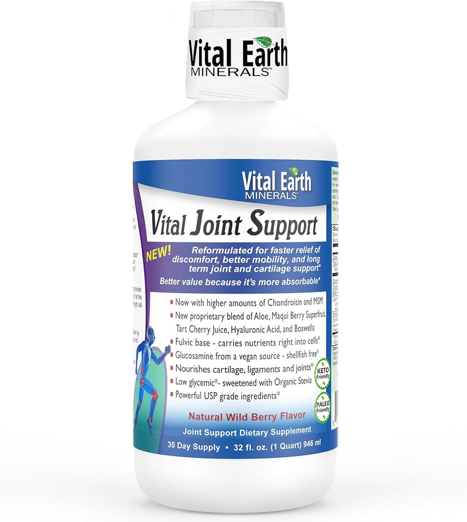 Supplément vital de soutien de joint liquide terrestre – Glucosamine, Chondroïtine, MSM Plus Acide hyaluronique, Boswellia et Acide fulvic (70+ Trace Minerals), 32 Oz + 1 Oz Cup