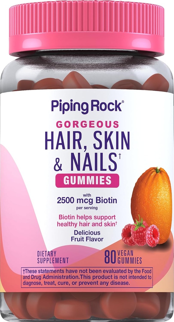 Piping Rock Peau et ongles Vitamines : 80 Gummies : 2500 mcg de Biotin : Multivitamine féminine : vitamine C et E : saveur de fruits : non-OGM, supplément sans gluten