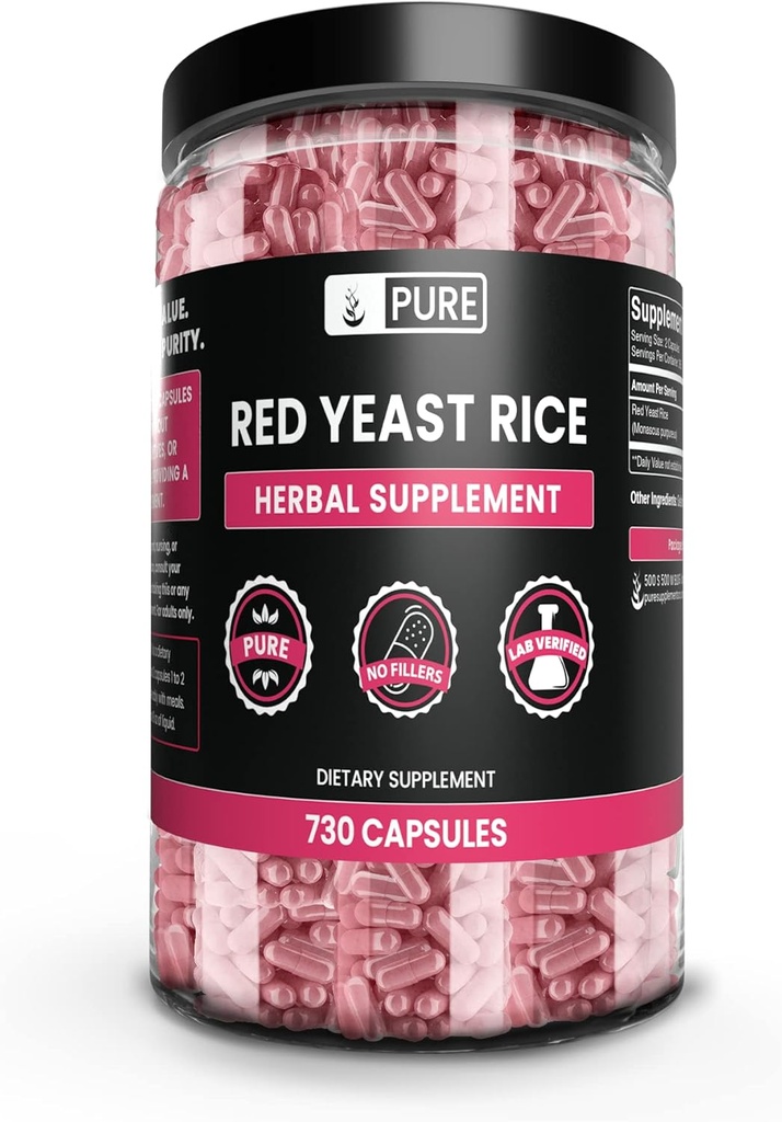 Ingrédients originaux purs Riz rouge de levure Pas de Magnésium ou de Riz Filters, Toujours pur, Verifié en laboratoire (730 Capsule)