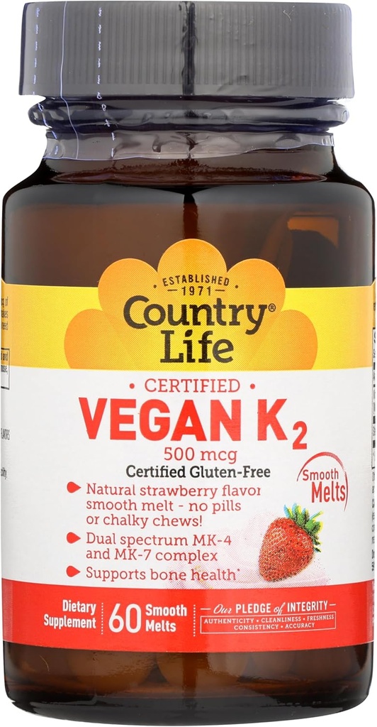 Country Life Vitamine végétalienne K2, 500 mcg, complexe double spectre MK-4 et MK-7, soutient la santé des os et des dents, 60 comprimés à croquer, goût de fraise