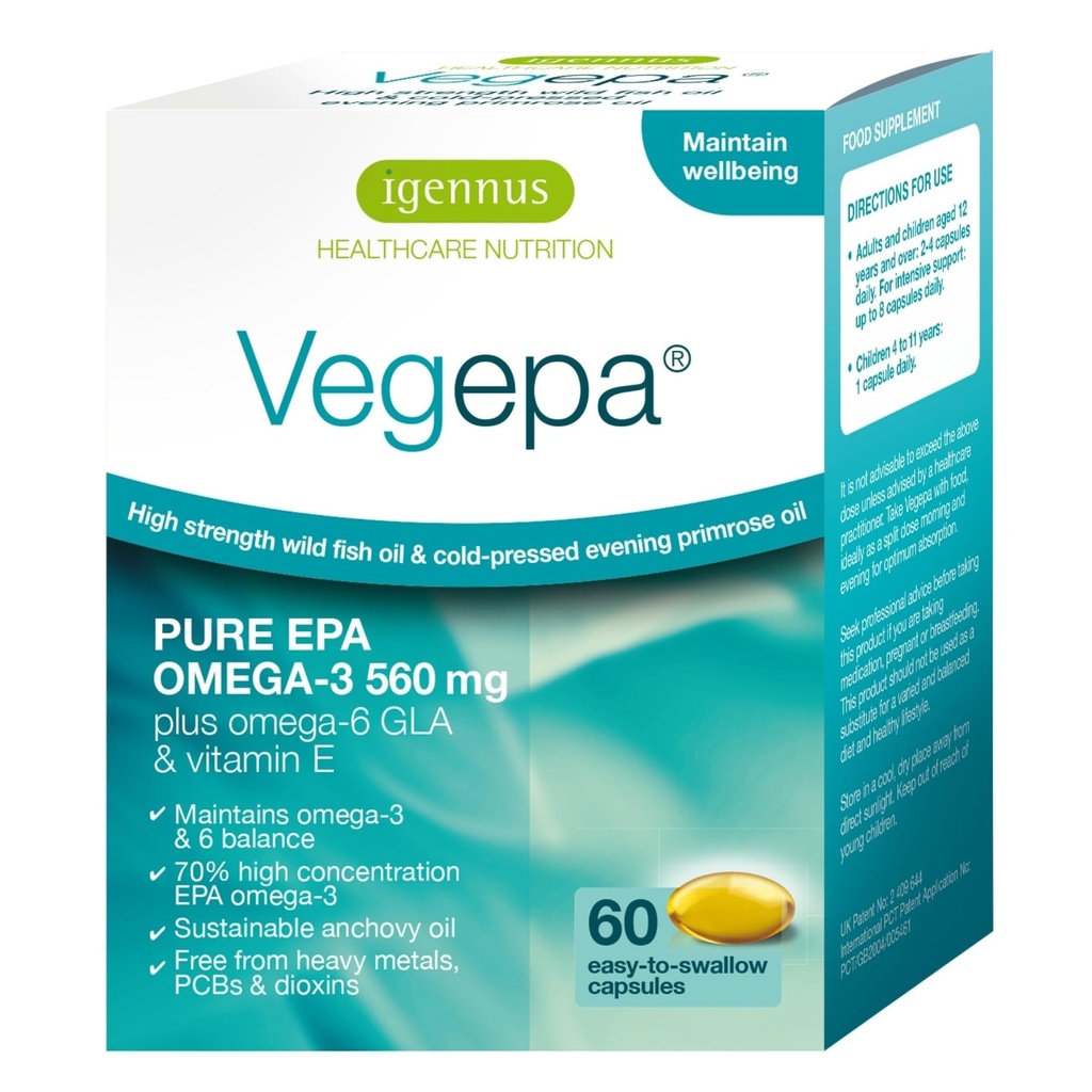 Igennus Vegepa Omega 3 Huile de poisson sauvage et mélange d'huile de Primrose du soir, 560 mg EPA Plus GLA, 60 petits softgels
