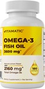 Vitamatic Triple Strength Omega 3 Huile de poisson 3600mg Par portion, 2160mg Omega 3 Acides gras, 1296mg EPA + 864mg DHA, Saveur de citron sans Burpless, 180 Softgels