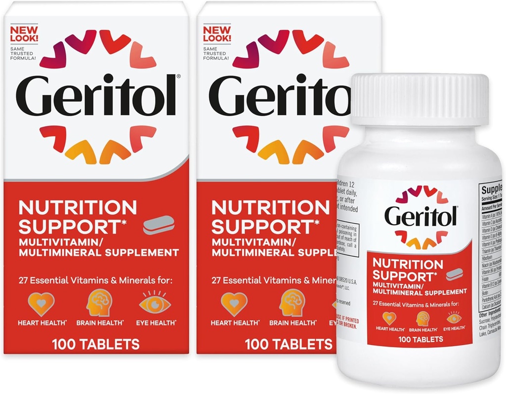 Geritol, supplément multivitamines, contient des vitamines B-Vitamines, antioxydants, vitamines C, E & D et fer, 26 vitamines et minéraux essentiels, sans gluten, sans OGM, sans édulcorants artificiels, 100 comprimés - 2ct