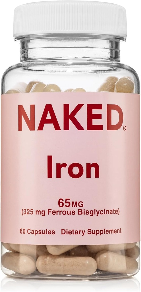 Naked Iron 65mg, 325mg Bisglycinate de fer - supplément de fer à haute puissance pour la carence en fer, soutien énergétique cellulaire, favorise la production saine de globules rouges, non-OGM, sans gluten, 60 capsules
