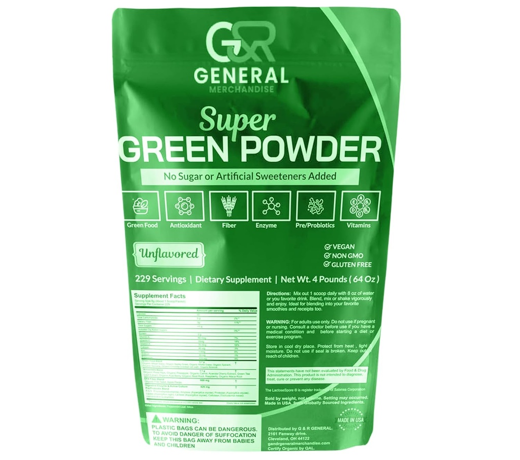 Super Greens Poudre Superfood Organic, 229 portions Enzymes digestifs, probiotiques et vitamines Légumes (Wheatgrass, Spiruline et plus), Fruits, 4 livres(64oz).