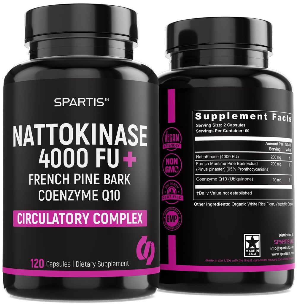Supplément Nattokinase 4000 FU CoQ10 100mg Extrait d'écorce de pin Maritime 200mg avec enzymes pour support circulatoire et cardiovasculaire (Pack de 1 à 120-Caps)
