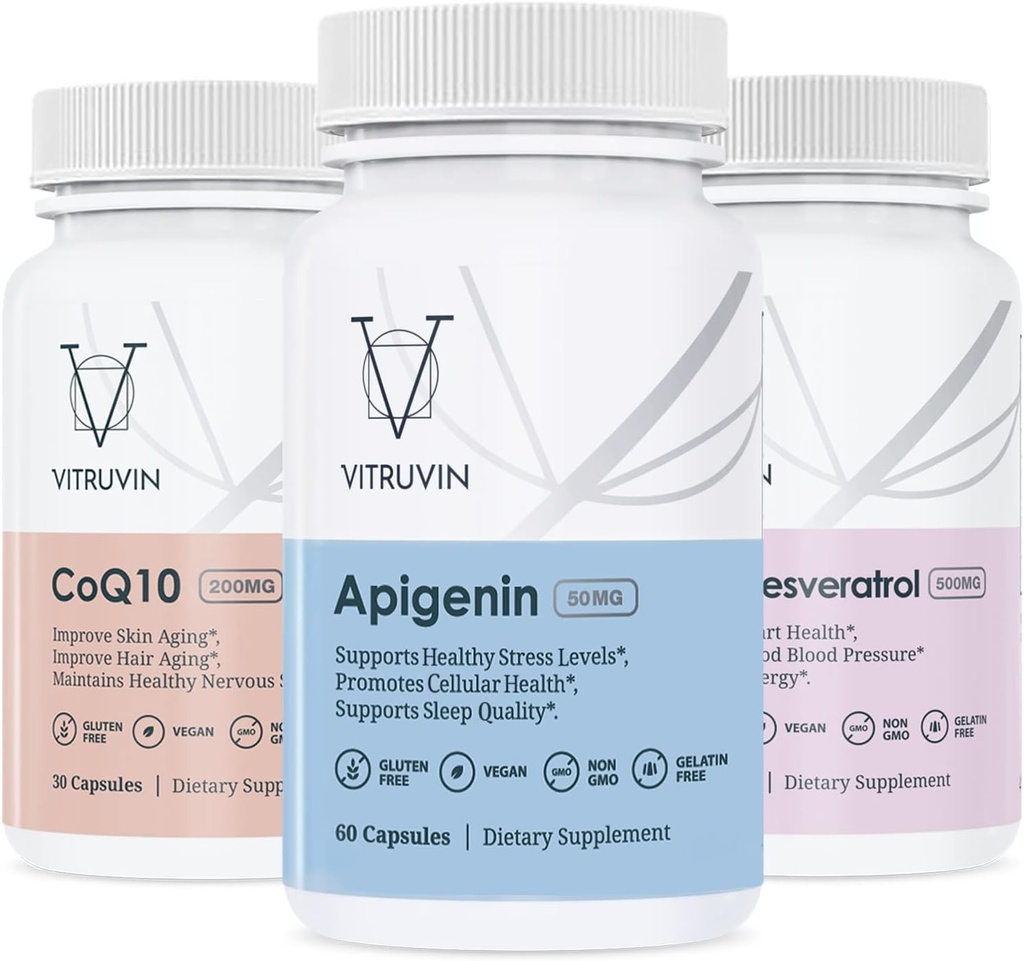 Vitruvin Sport Recovery (Apigenin 2 x 50mg, COQ10 200mg, Resveratrol 500mg) Vegan, Non-GMO, Gluten-Free, Gelatin-Free.