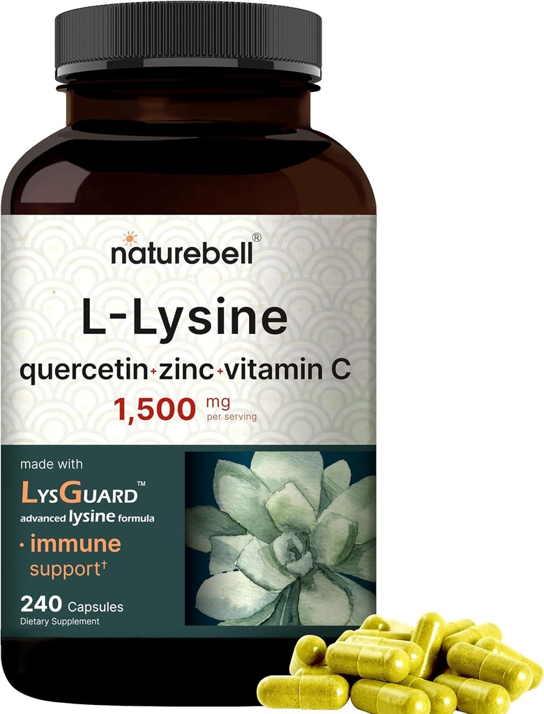 NatureBell L-Lysine 1 000mg Capsules + Quercetin 250mg avec vitamine C et zinc, 240 Count.