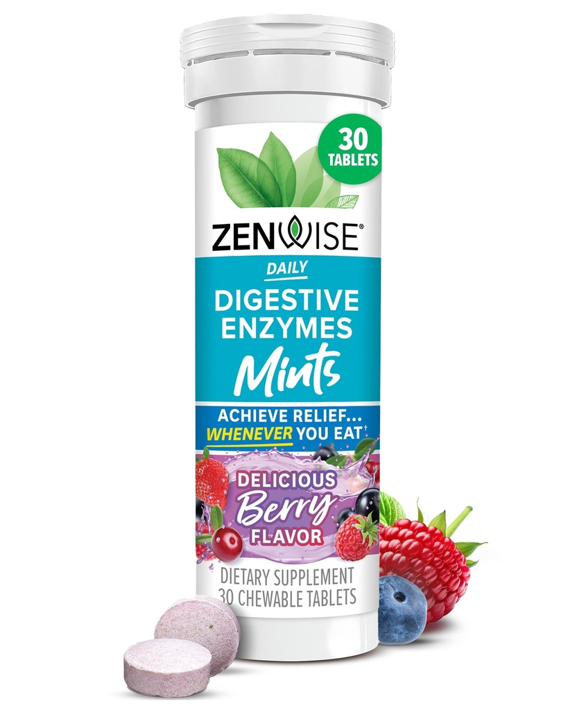 Zenwise Santé Enzymes digestifs Menthes de respiration pour la santé de Gut, Delicious Berry Flavor - Enzymes digestifs pour le soulagement de ballonnement et le soutien de Gut - Supplément de digestion multienzymes - 30 comprimés à croquer