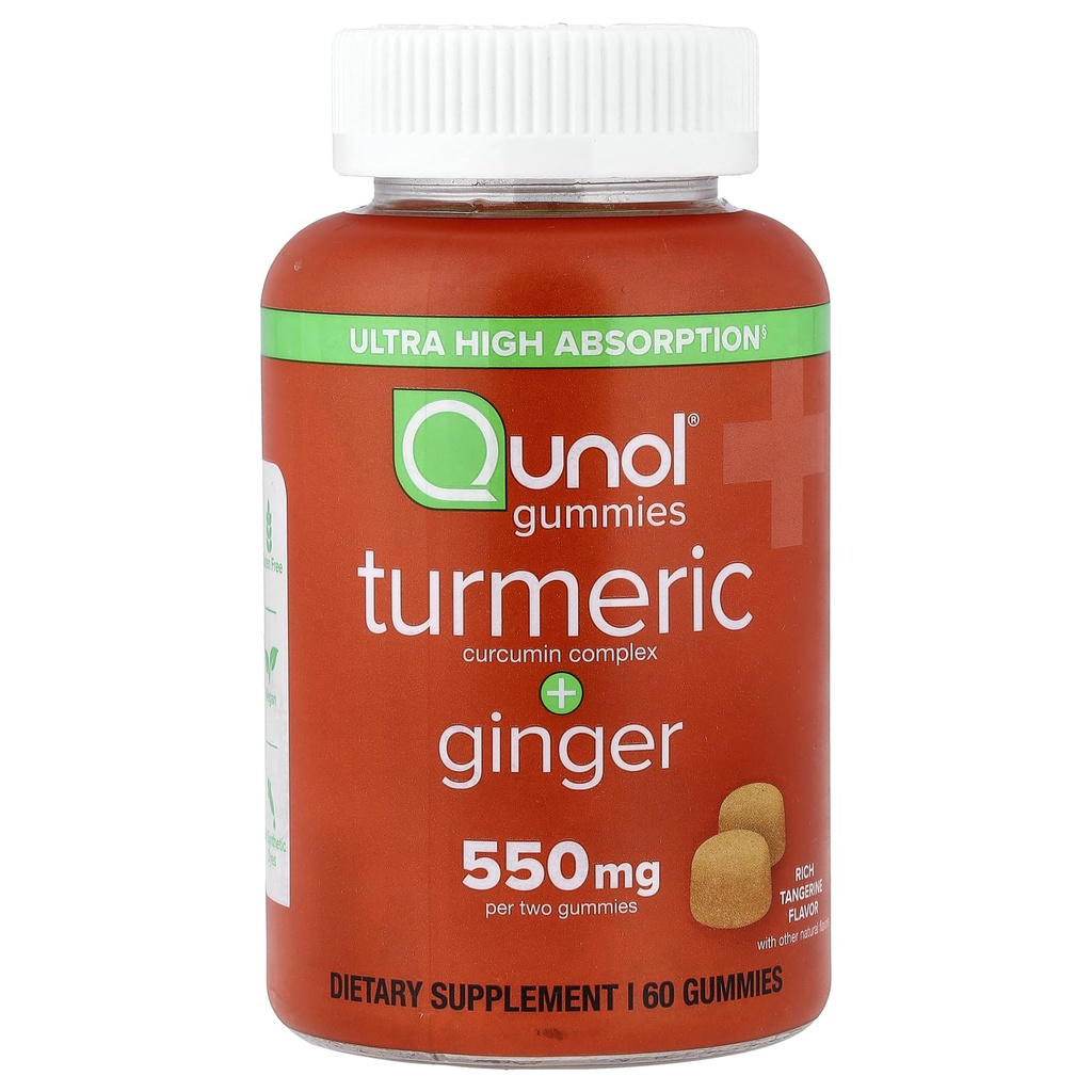 Gummies Turmérique et Gingembre Qunol, Gummy avec 500mg Turmérique + 50mg Gingembre, Supplément de soutien, Tumerique ultra-haute absorption et Gingembre, Vegan, Sans gluten, 1 mois d'approvisionnement 60ct Gummies