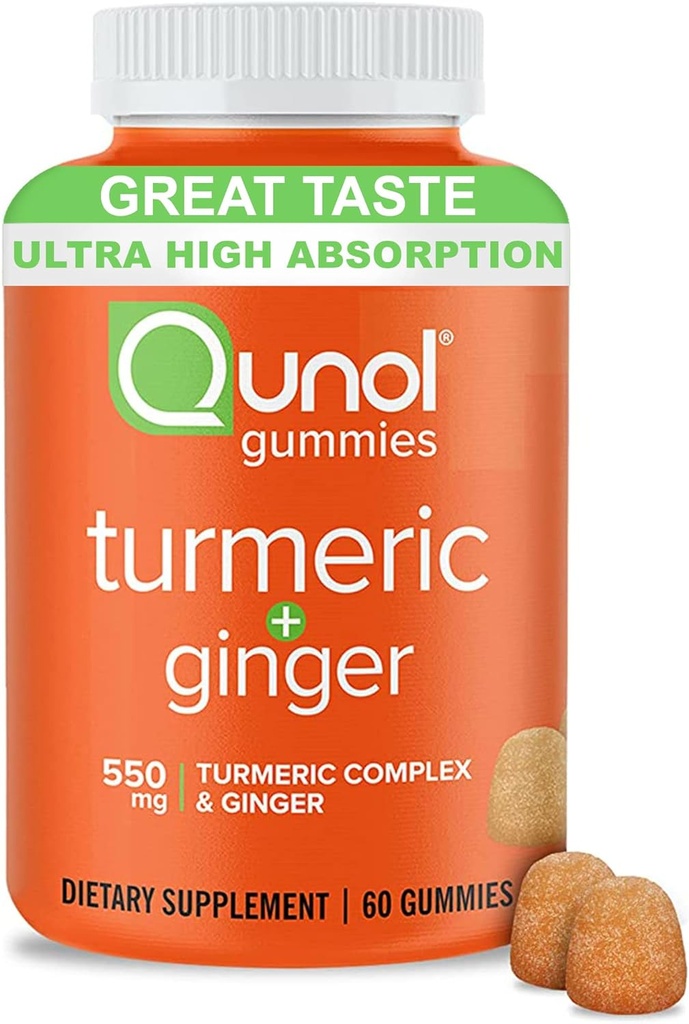 Gummies Turmérique et Gingembre Qunol, Gummy avec 500mg Turmérique + 50mg Gingembre, Supplément de soutien, Tumerique ultra-haute absorption et Gingembre, Vegan, Sans gluten, 1 mois d'approvisionnement 60ct Gummies