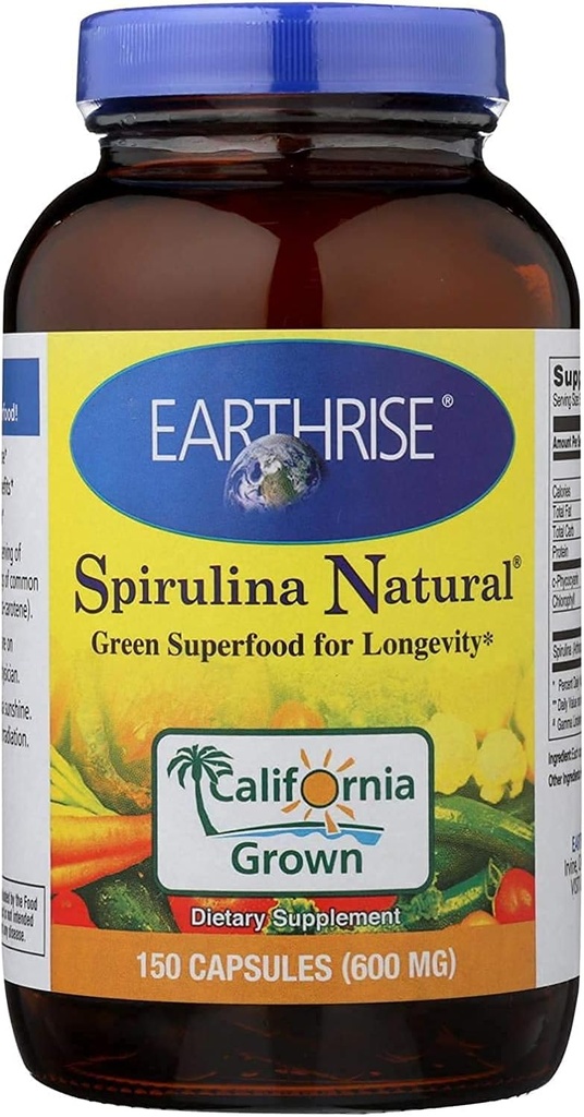 Earthrise Spirulina Natural 600 mg -150 Capsule, Natural Premium Spirulina de Californie- Vegan, Sans gluten, Céto Friendly, Non -GMO Super Food riche en vitamines et minéraux.