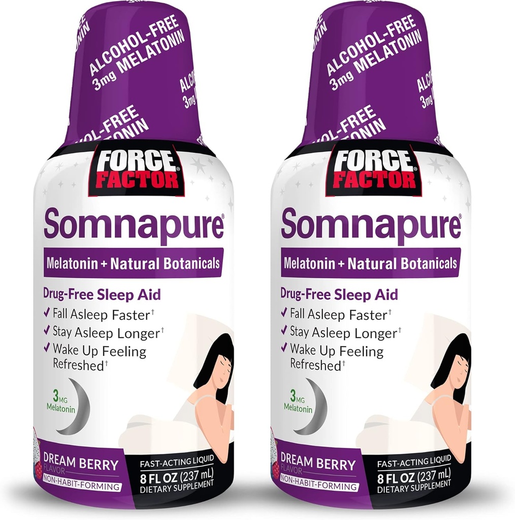 FACTEUR DE FORCE Somnapure, 2-Pack, aide au sommeil pour les adultes avec la mélatonine, la racine valériane et le baume de citron, supplément liquide à l'Asleep d'automne plus rapide, rester plus longtemps en sommeil, et se réveiller rafraîchi, 16oz, 48 portions