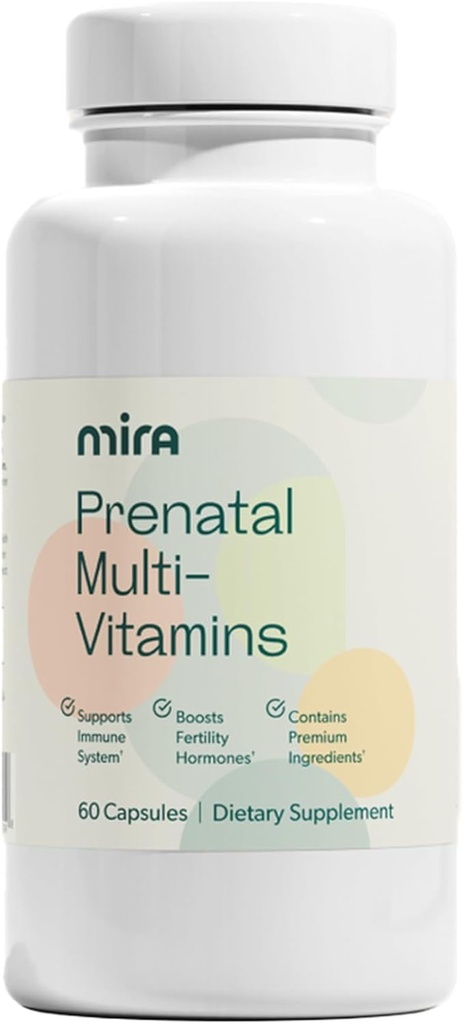 MIRA Multivitamines prénatales pour femmes, folate et choline, supplément pour avant, pendant et après la grossesse, soutien de votre grossesse et développement foetal, 60 capsules (30 portions), 1 boîte