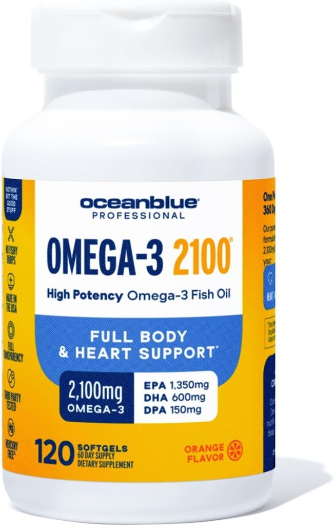 Oceanblue Professional Omega-3 2100-120 ct - Huile de poisson sans Burpless à haute capacité avec EPA, DHA et DPA - Prise sauvage - Arôme orange, 60 portions