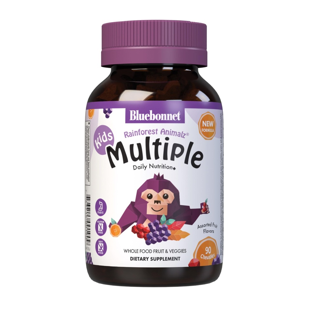 Bluebonnet Nutrition Rainforest Animalz Aliments entiers à base de comprimés à croquer multiples, enfants Multivitamines et minéraux, vitamine C, D3, fer, sans gluten, sans lait, casher, 90 comprimés à croquer, arômes mixtes