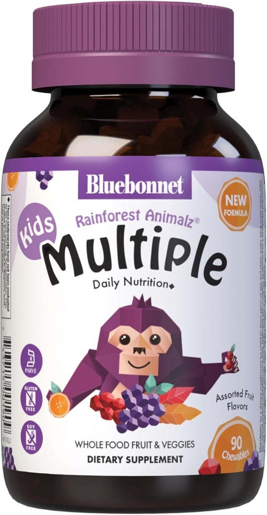 Bluebonnet Nutrition Rainforest Animalz Whole Food Based Multiple Chewable Tablets, Kids Multivitamin & Mineral, Vitamin C, D3, Iron, Gluten Free, Milk Free, Kosher, 90 Chewable Tablets, Mixed Flavors