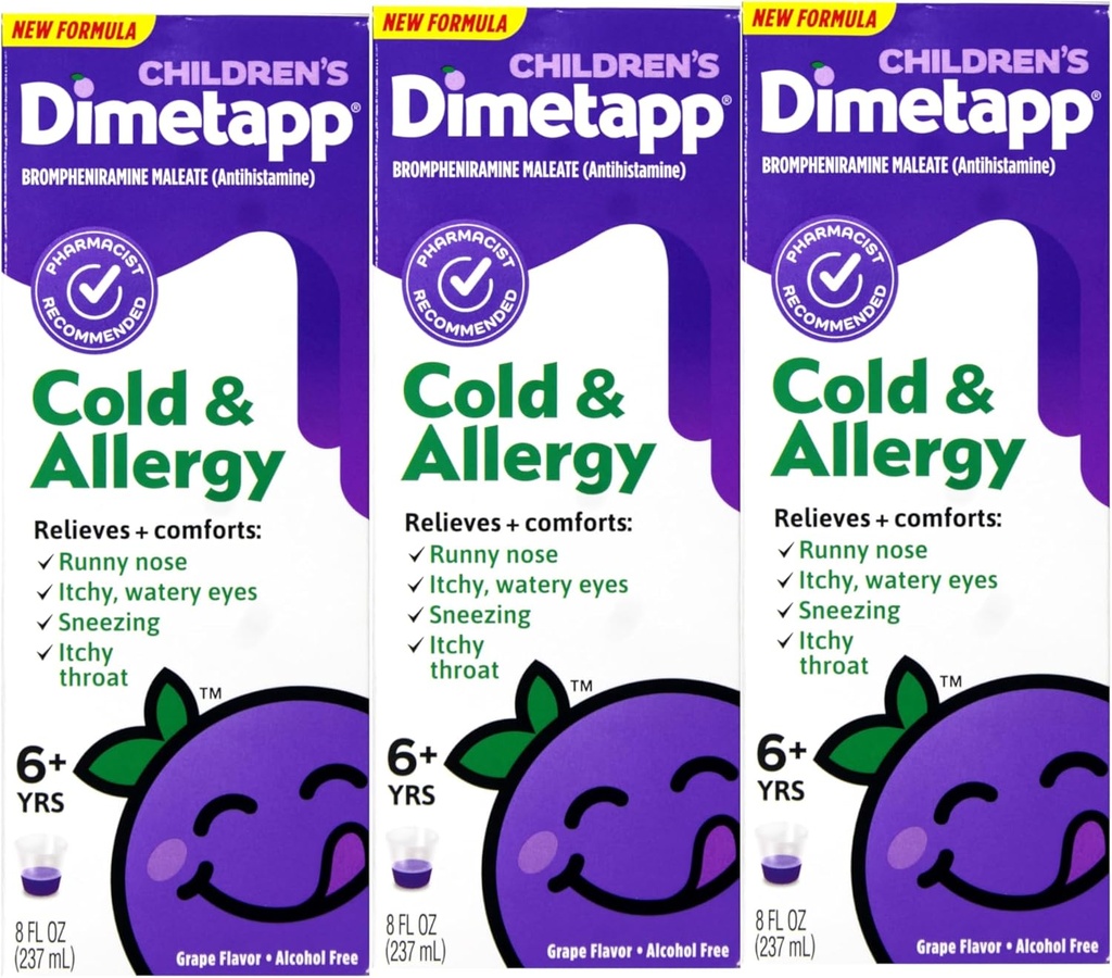 Enfants Dimetapp® Cold & Allergy Liquid – Saveur de raisin, sans alcool, 8 fl oz - 3 Pack