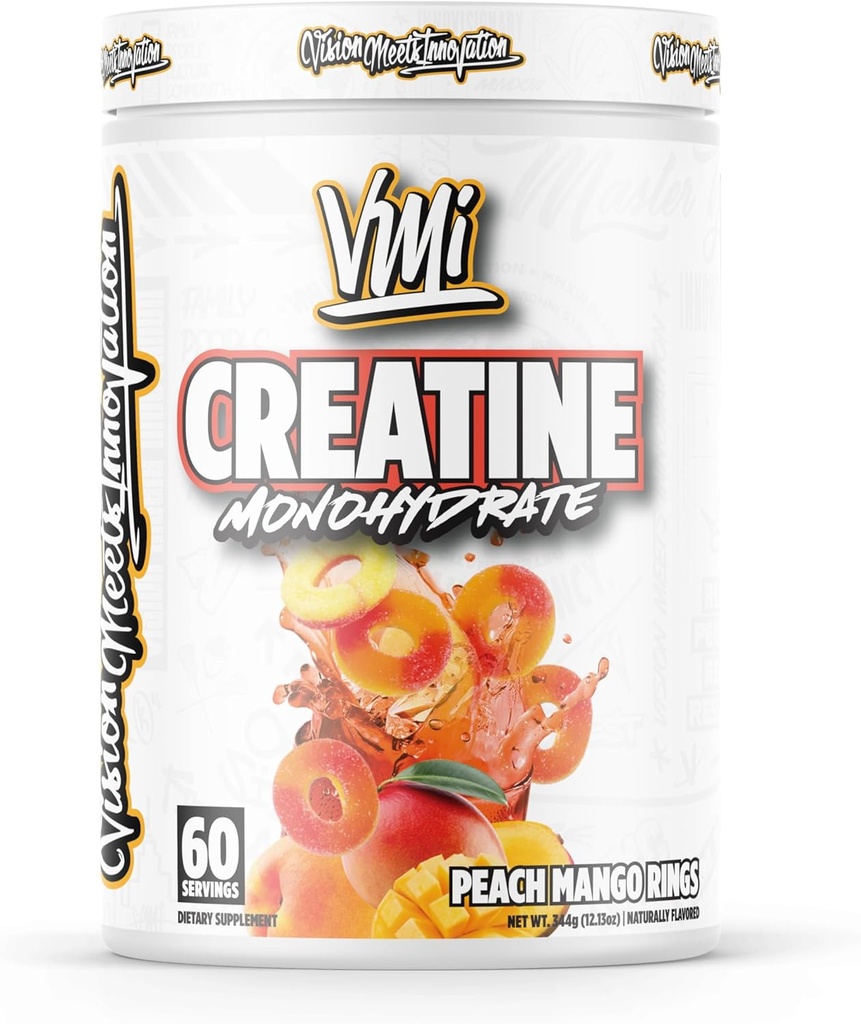VMI Sports Creatine Monohydraté Poudre Masse musculaire – Force – Taille – Puissance – 5 grammes par portion (60 portions, anneaux de mangue de pêche)