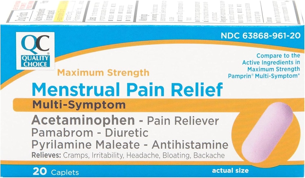 Choix de qualité Force maximale Relief de douleur menstruelle, Caplets de soulagement de douleur multisymptômes, Crampes, Céphalées, Bloading, Dosées et Irritabilité, Paquet de 20 comtes
