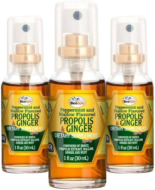 Spray pour la gorge de propolis d'abeille– Spray pour le miel apaisant et la propolis de gingembre- Support naturel immunitaire et extrait de propolis d'abeille-antioxydants, riche en flavonoïdes et Artepillin, sans sucre, sans gluten- 3-pack, 90ml