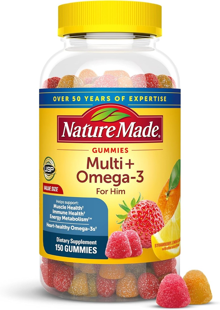Multivitamines masculines faites de nature avec Omega-3, Multivitamines masculines pour le soutien nutritionnel quotidien, 150 vitamines gommy et minéraux, 75 jours d'approvisionnement