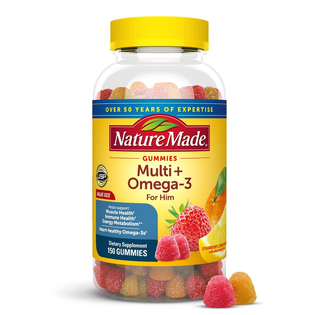Multivitamines masculines faites de nature avec Omega-3, Multivitamines masculines pour le soutien nutritionnel quotidien, 150 vitamines gommy et minéraux, 75 jours d'approvisionnement