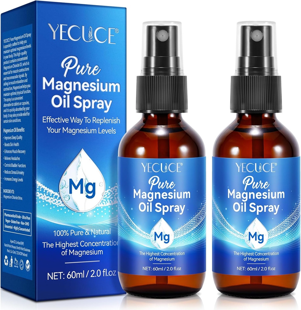 Spray à l'huile de magnésium pur - Spray au magnésium 100% naturel – fabriqué avec de l'huile de chlorure de magnésium pur concentré - Spray au magnésium topique (2 pack 2 fl oz)