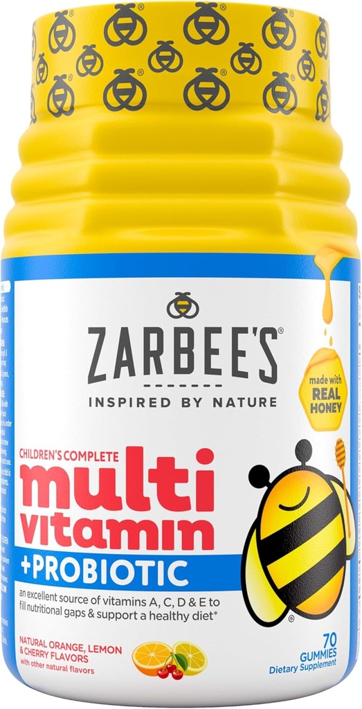 Zarbee's Kid Complete Multivitamine + Gommies probiotiques avec des vitamines A B C D E & zinc pour la santé digestive Facile à mâcher enfants Gommies multivitamines quotidiennes Fruit naturel Comte 70