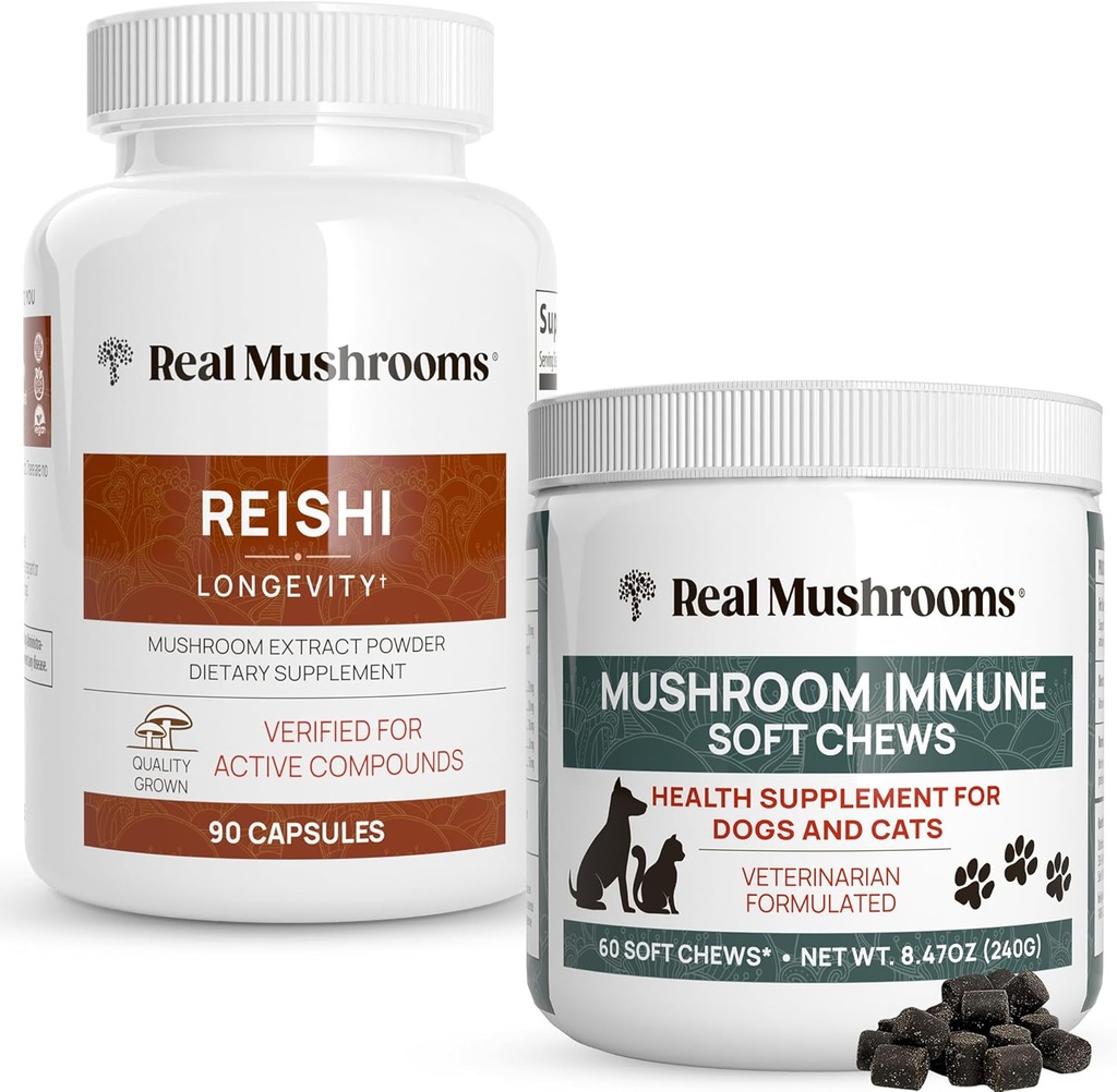 Véritables capsules de champignons Reishi pour les humains (90ct) et de champignons Imune Pet Chews (60ct) - Ensemble pour la longévité, la relaxation et l'immunité - Ashwagandha, Astragalus & More - Vegan, non-OGM, sans gluten