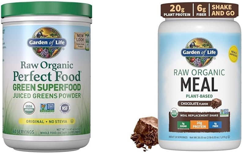 Garden of Life Super Greens Poudre Smoothie & Mix, Probiotiques & Enzymes Digestionnelles et Raw Organic Meal Replacement Shakes - Poudre de protéines végétaliennes à base de chocolat