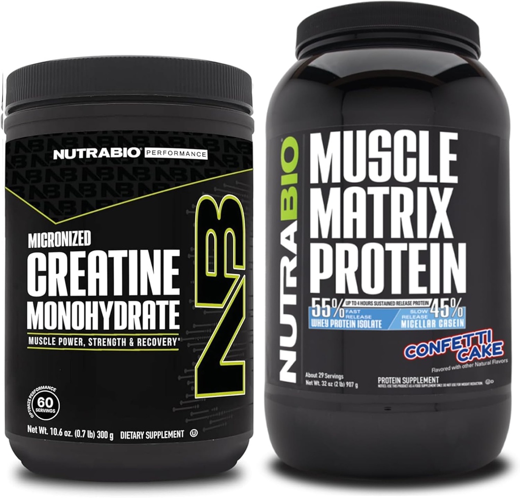 NutraBio Creatine Monohydrate, non aromatisé, (300 g) et en poudre de protéines de matrice musculaire, (Cake de confettis) Supplement Bundle – Énergie musculaire, croissance maximale, récupération et force