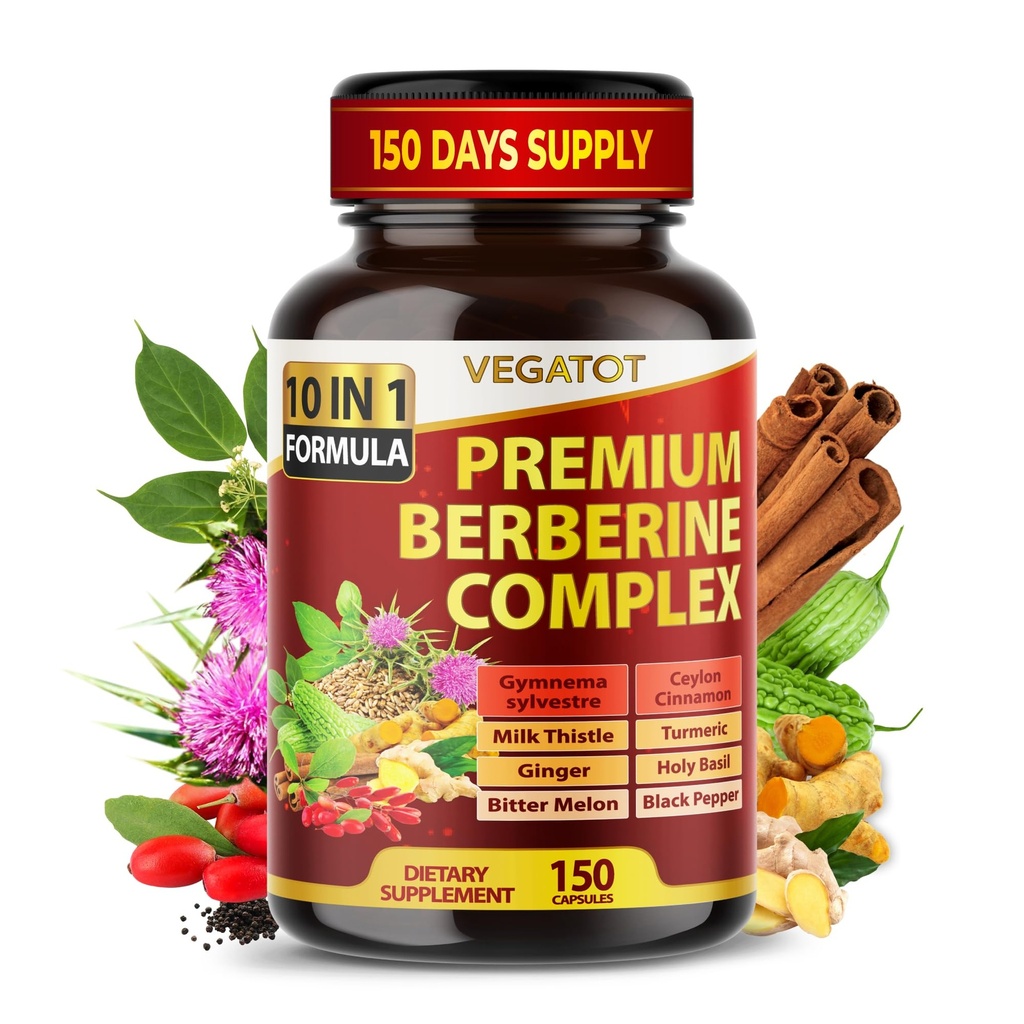 VEGATOT GlucoSavior Berberine Supplément avec Ceylan Cinnamon, Bitter Melon, Gymnema - Soutiens Immuni, Santé cardiovasculaire & Fonction gastro-intestinale - Fabriqué aux États-Unis (150 comte (paquet de 1))