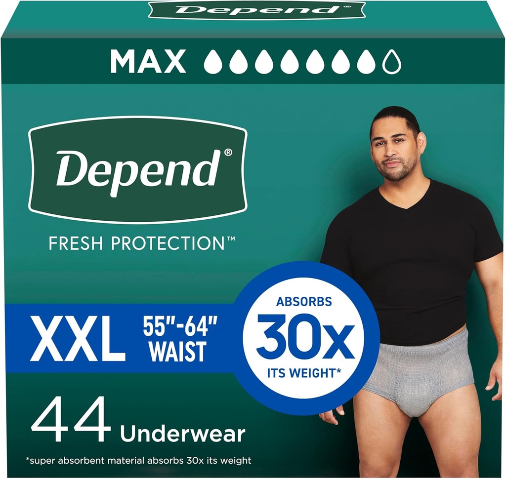 Depend Fresh Protection Couches adultes, Incontinence Sous-vêtements pour hommes, Jetable, Maximum, Extra-Extra-Grand, Gris, 44 Compte (2 Packs de 22), Emballage Mai Varier